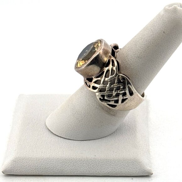 Estate Sterling Silver 925 Celtic Wide Band Ring w/ Yellow Gemstone, Size 8 - Picture 4 of 8